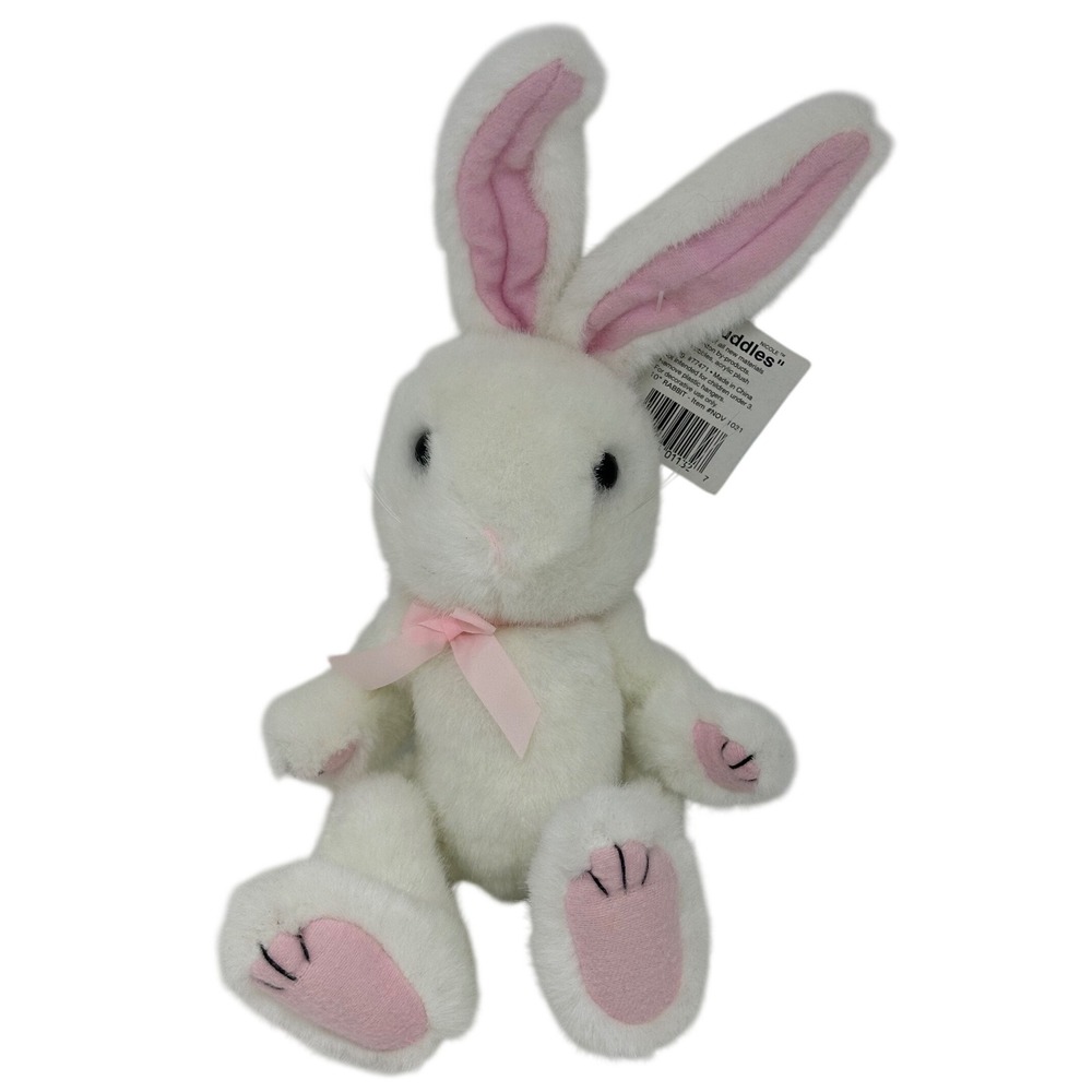 Nicole Cuddles Plush Bunny White Pink Bow Stuffed Animal Rabbit Easter Decor 10"